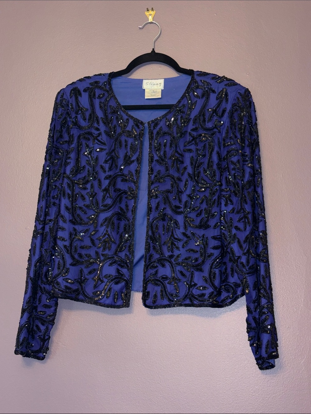 Vintage Stenay 100% Silk Evening Jacket in Royal Blue with Black Beading Large